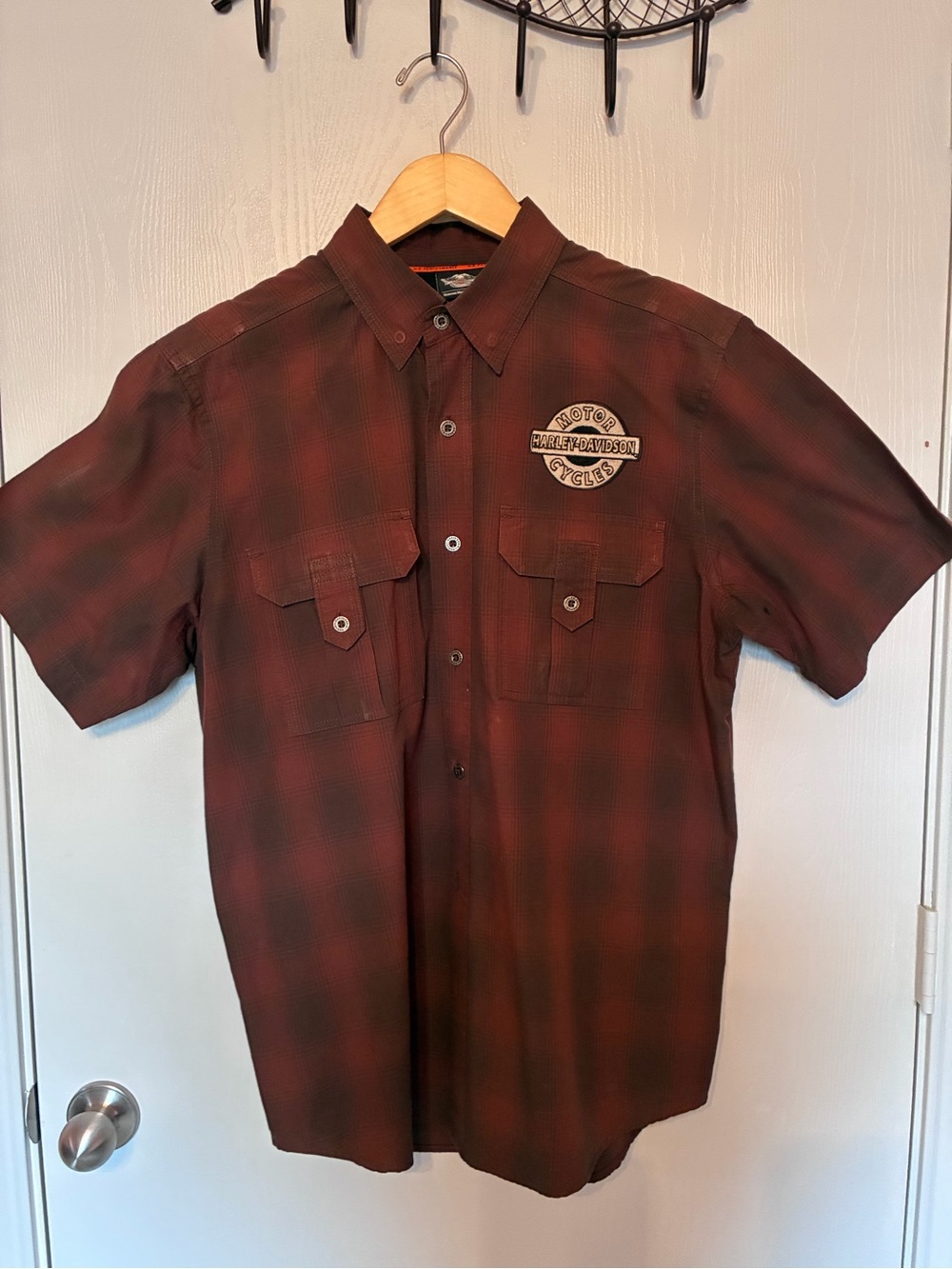 Harley-Davidson Short Sleeve Plaid Button-Up Shirt - Maroon/Brown